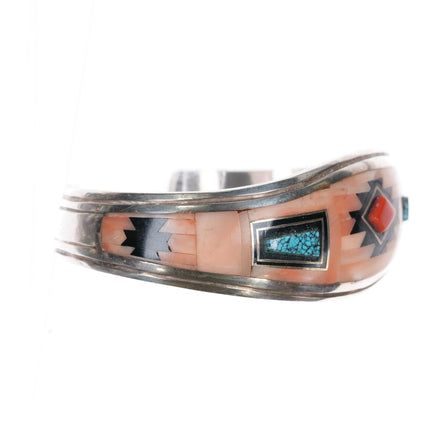 6.625" Abraham Begay Navajo rug silver coral spiderweb turquoise cuff bracelet - Estate Fresh Austin