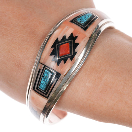 6.625" Abraham Begay Navajo rug silver coral spiderweb turquoise cuff bracelet - Estate Fresh Austin