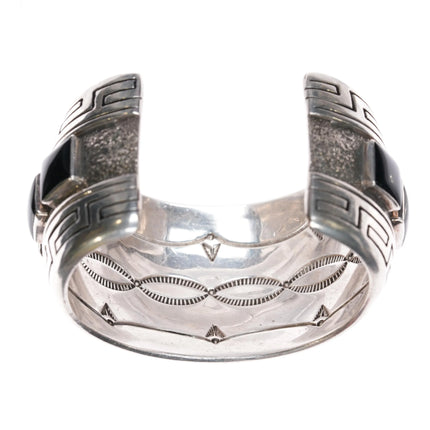 6.875 Andrew McCabe Navajo heavy silver onyx row cuff bracelet stamped interior - Estate Fresh Austin