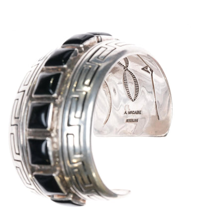 6.875 Andrew McCabe Navajo heavy silver onyx row cuff bracelet stamped interior - Estate Fresh Austin