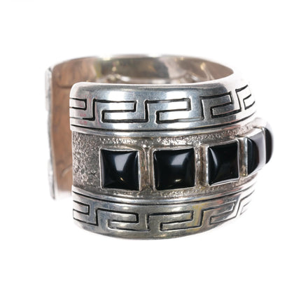 6.875 Andrew McCabe Navajo heavy silver onyx row cuff bracelet stamped interior - Estate Fresh Austin