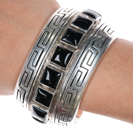 6.875 Andrew McCabe Navajo heavy silver onyx row cuff bracelet stamped interior - Estate Fresh Austin