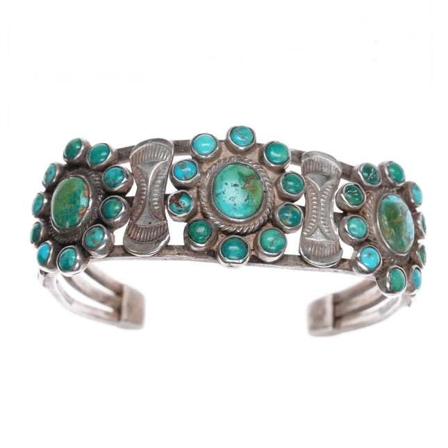 6.75" c1920's Navajo silver turquoise triple cluster cuff bracelet nice stamping - Estate Fresh Austin