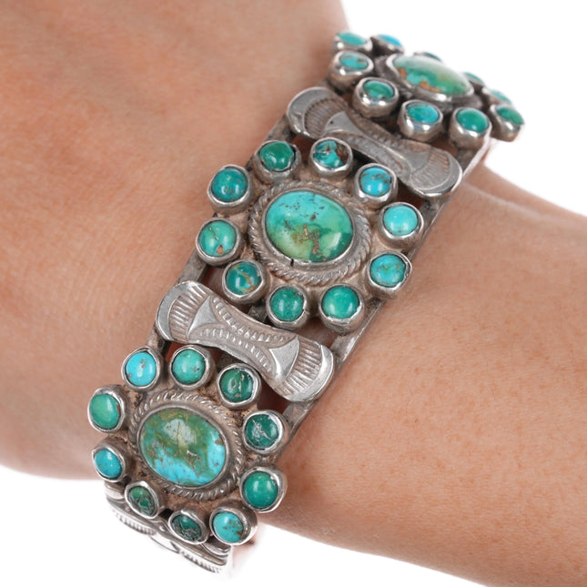 6.75" c1920's Navajo silver turquoise triple cluster cuff bracelet nice stamping - Estate Fresh Austin