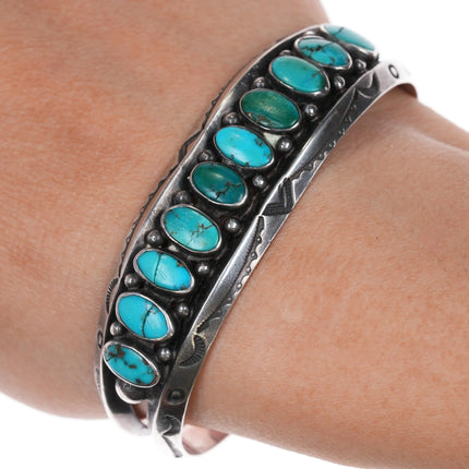 6.375" 30's-40's Navajo double carinated silver turquoise row cuff bracelet - Estate Fresh Austin