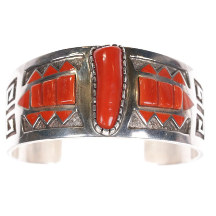 6.875 Michael Perry Navajo silver coral inlay cuff bracelet - Estate Fresh Austin