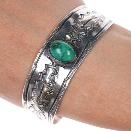 6.75" 30's-40's Navajo silver repousse hand stamped cuff bracelet with turquoise - Estate Fresh Austin