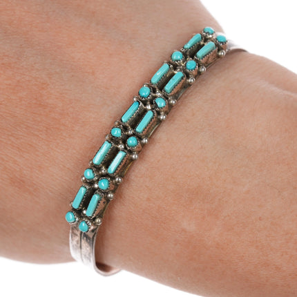 6.12" Vintage Zuni dot-dot-dash double row silver and turquoise cuff bracelet - Estate Fresh Austin