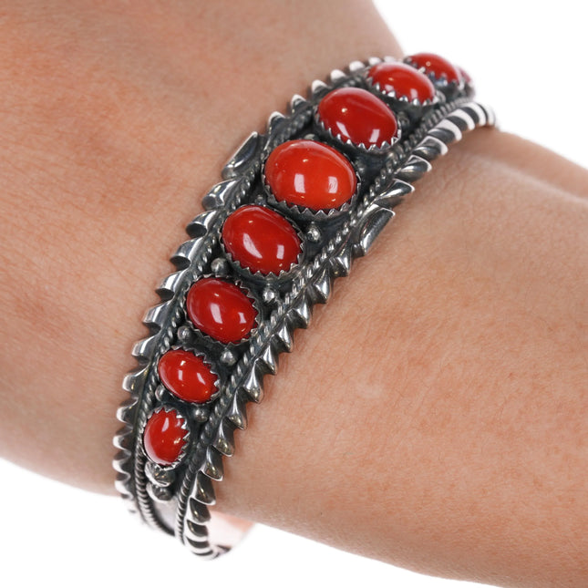 6.25" LRF Navajo sterling high grade Mediterranean coral row cuff bracelet - Estate Fresh Austin