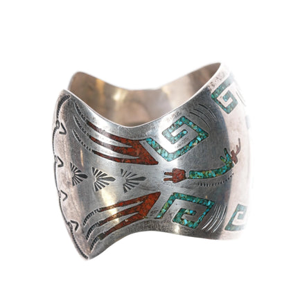 6.875 K Navajo 1970's sterling chip inlay cuff bracelet with Yei's - Estate Fresh Austin