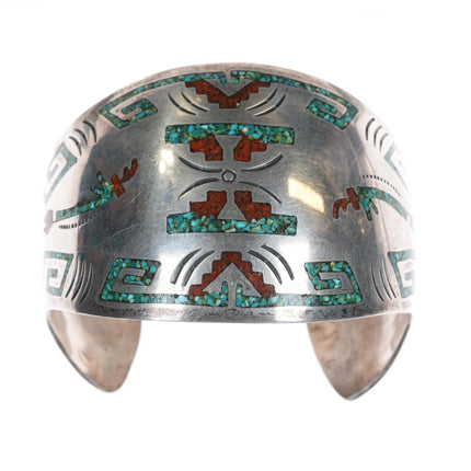 6.875 K Navajo 1970's sterling chip inlay cuff bracelet with Yei's - Estate Fresh Austin