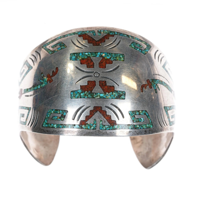 6.875 K Navajo 1970's sterling chip inlay cuff bracelet with Yei's - Estate Fresh Austin