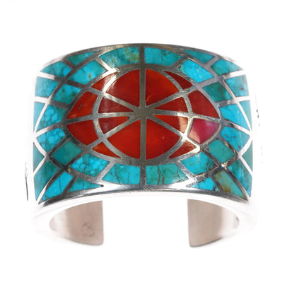 6" Joe Begay Navajo silver , turquoise, and coral cuff bracelet - Estate Fresh Austin