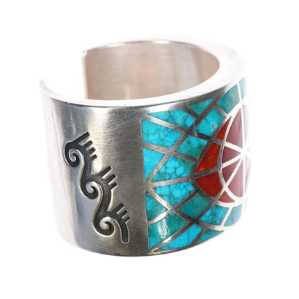 6" Joe Begay Navajo silver , turquoise, and coral cuff bracelet - Estate Fresh Austin