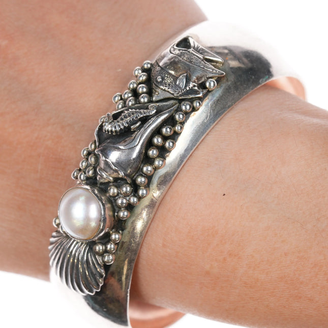 7.75" Carol Felley Sterling pearl aquatic life cuff bracelet - Estate Fresh Austin