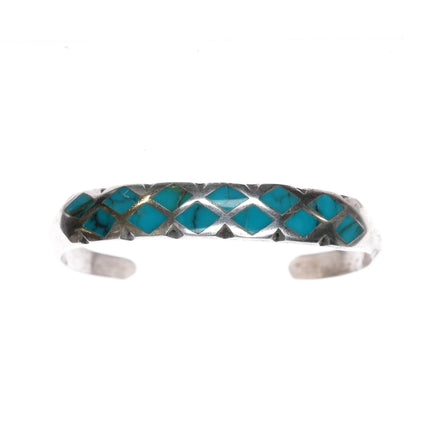 6.5" Vintage Zuni silver diamonds turquoise channel inlay cuff bracelet - Estate Fresh Austin