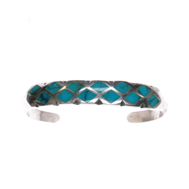 6.5" Vintage Zuni silver diamonds turquoise channel inlay cuff bracelet - Estate Fresh Austin