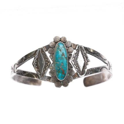 6" 30's-40's Navajo silver heavily stamped cuff bracelet w/nice turquoise - Estate Fresh Austin