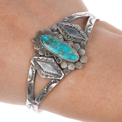 6" 30's-40's Navajo silver heavily stamped cuff bracelet w/nice turquoise - Estate Fresh Austin
