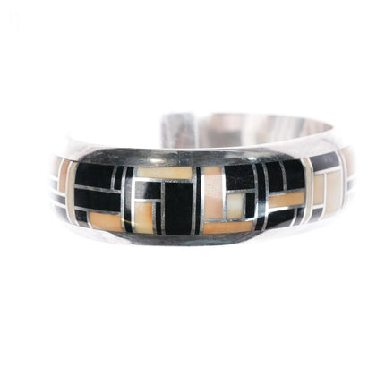 6.5" Jerry T Nelson Navajo Silver fossil/onyx cuff bracelet channel inlay - Estate Fresh Austin