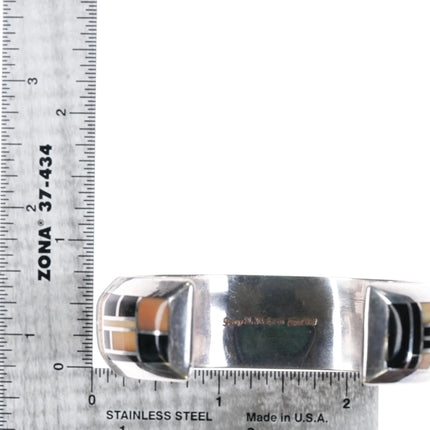 6.5" Jerry T Nelson Navajo Silver fossil/onyx cuff bracelet channel inlay - Estate Fresh Austin