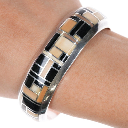6.5" Jerry T Nelson Navajo Silver fossil/onyx cuff bracelet channel inlay - Estate Fresh Austin