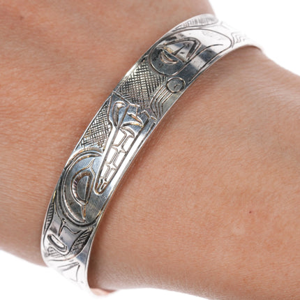 7" Very Nice Old Signed Tlingit silver hand carved cuff bracelet - Estate Fresh Austin