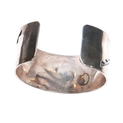 7" Vintage Navajo silver cuff bracelet with geometric overlay pattern - Estate Fresh Austin