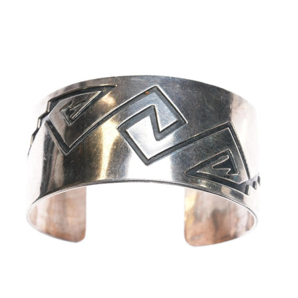 7" Vintage Navajo silver cuff bracelet with geometric overlay pattern - Estate Fresh Austin