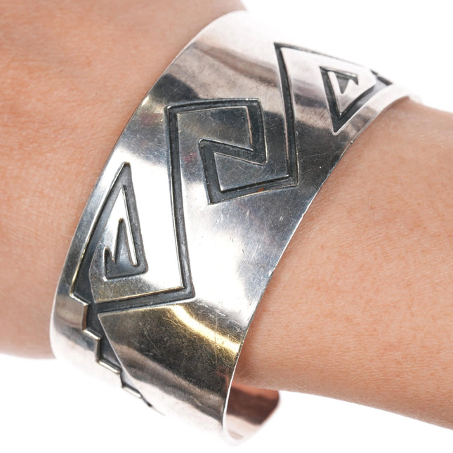 7" Vintage Navajo silver cuff bracelet with geometric overlay pattern - Estate Fresh Austin