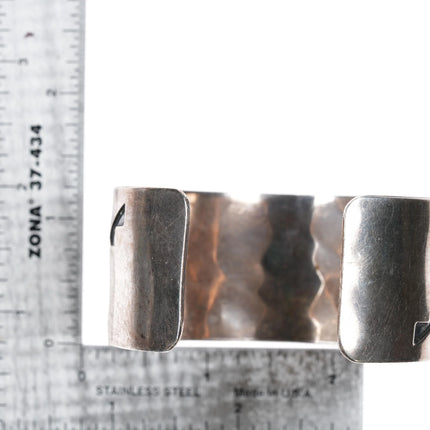 7" Vintage Navajo silver cuff bracelet with geometric overlay pattern - Estate Fresh Austin