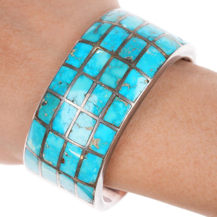 6.375" Vintage Zuni 4 row silver turquoise channel inlay cuff bracelet - Estate Fresh Austin