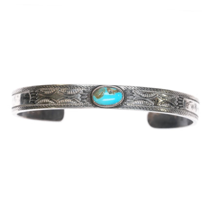 6" c1920's Navajo ingot silver slim cuff bracelet with turquoise - Estate Fresh Austin