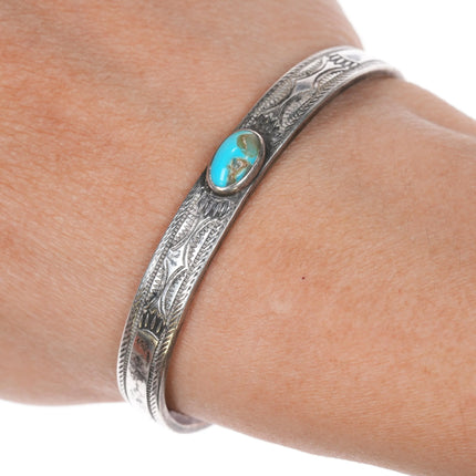 6" c1920's Navajo ingot silver slim cuff bracelet with turquoise - Estate Fresh Austin
