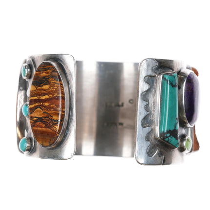 6.5" Victoria Masse Stoll silver turquoise, multi-stone/fossil art cuff bracelet - Estate Fresh Austin