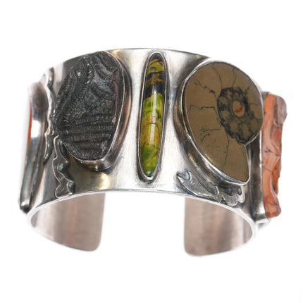 6.5" Victoria Masse Stoll silver turquoise, multi-stone/fossil art cuff bracelet - Estate Fresh Austin