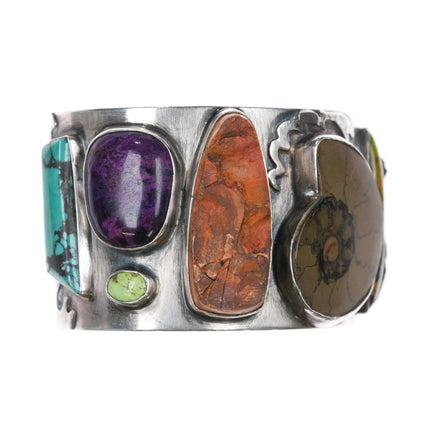 6.5" Victoria Masse Stoll silver turquoise, multi-stone/fossil art cuff bracelet - Estate Fresh Austin