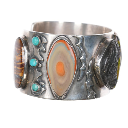 6.5" Victoria Masse Stoll silver turquoise, multi-stone/fossil art cuff bracelet - Estate Fresh Austin