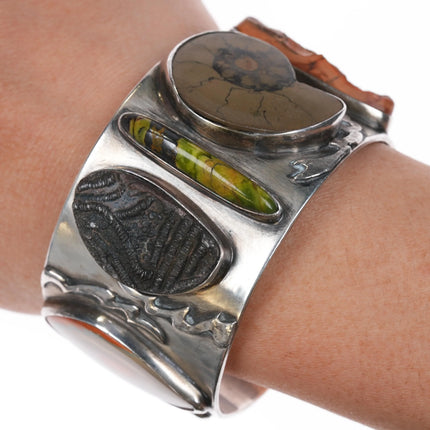 6.5" Victoria Masse Stoll silver turquoise, multi-stone/fossil art cuff bracelet - Estate Fresh Austin