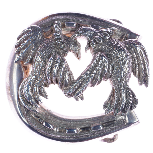 Vintage Sterling silver Fighting roosters Horseshoe belt buckle