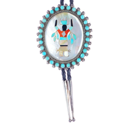 Large c1960 c-31 Zuni silver inlay turquoise snake eye border bolo tie - Estate Fresh Austin