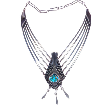 Leo Yazzie Navajo Indian Mountain Turquoise modernist silver bib necklace - Estate Fresh Austin