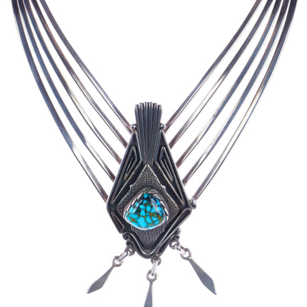 Leo Yazzie Navajo Indian Mountain Turquoise modernist silver bib necklace - Estate Fresh Austin