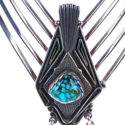 Leo Yazzie Navajo Indian Mountain Turquoise modernist silver bib necklace - Estate Fresh Austin