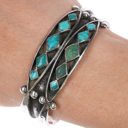 6.25" Jimmie Etsate Zuni Sterling - turquoise channel inlay 2 row cuff bracelet - Estate Fresh Austin