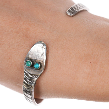 7.12" 20's-30's Navajo Ingot silver heavy stamped snake cuff bracelet turquoise - Estate Fresh Austin