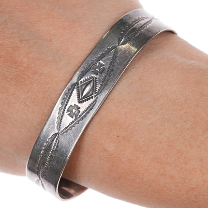 6.5" c1940's Navajo silver heavily stamped cuff bracelet thunderbirds - Estate Fresh Austin