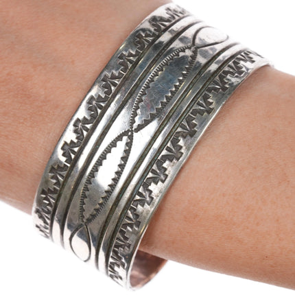 7" c1950's Navajo heavily stamped silver wide band cuff bracelet - Estate Fresh Austin