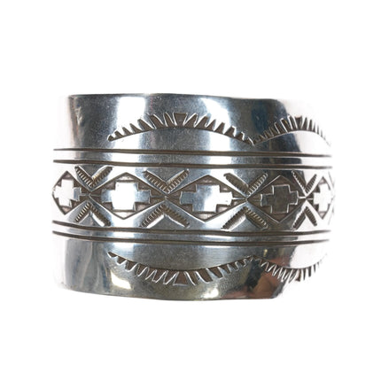 7.625" Rick Enriquez Navajo sterling heavily stamped silver wide cuff bracelet - Estate Fresh Austin