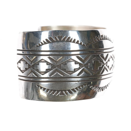 7.625" Rick Enriquez Navajo sterling heavily stamped silver wide cuff bracelet - Estate Fresh Austin